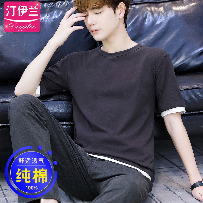 Internet celebridad cardigan pijamas casuales de los hombres de algodón de verano Delgado pantalones de manga corta traje ropa de casa de verano