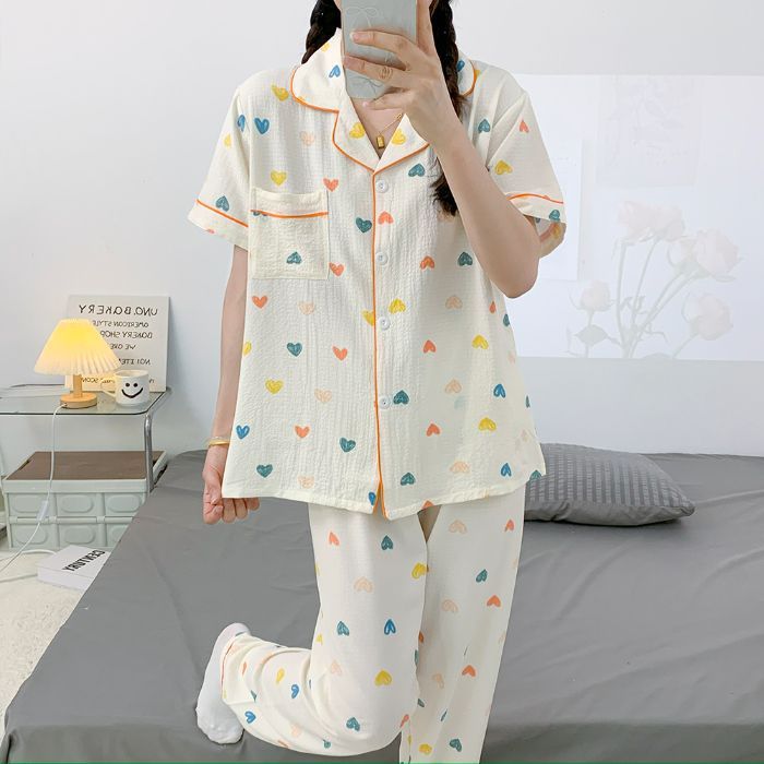 Pantalones de manga corta al por mayor transfronterizos, rebeca, pijamas, traje de dos piezas con estampado de solapa arrugada de burbujas de verano para mujer, ropa para el hogar