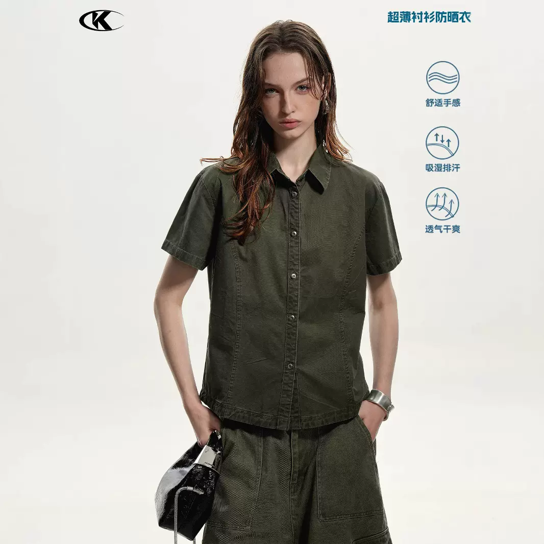 11KN美式复古简约工装风做旧潮上衣宽松休闲短袖翻领正肩衬衫男女