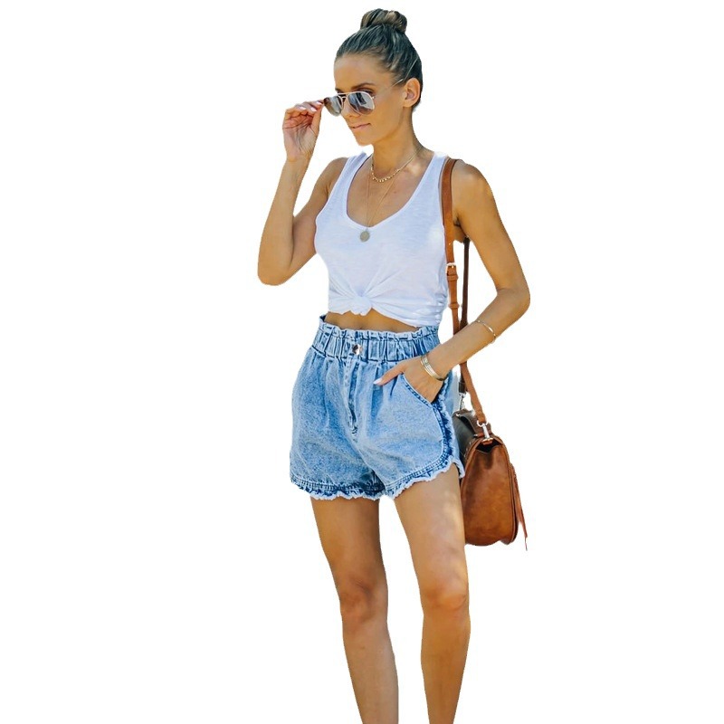 Fábrica en stock Ventas Directas europeo y americano transfronterizo dulce chica estilo elástico cintura luz diseño encaje pantalones cortos de mezclilla para mujeres