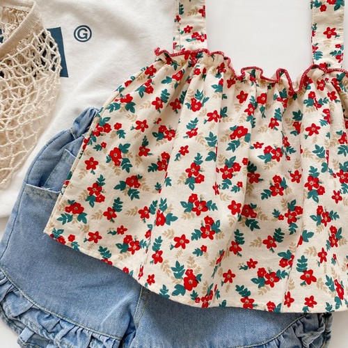 Ladycamisole set with floral pattern trendy camisole + denim shorts two-piece set for young children summer attire with straps