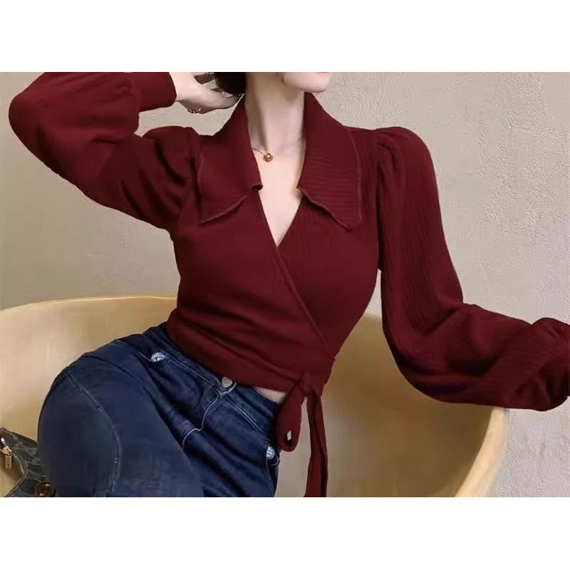 plus size Women's French wine red Polo Collar Base Shirt Spring and Autumn chubby girl Bubble Sleeve Long Sleeve Shoulder Top