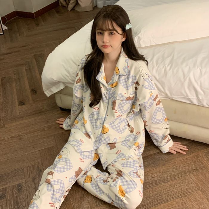 Al por mayor transfronterizo de otoño nuevo pijama de mujer pull-out cardigan de solapa de algodón mangas largas pantalones cómodos y dulces cubiertas de ropa doméstica