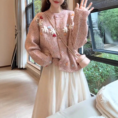 法式设计感立体花朵刺绣圆领叠穿长袖针织开衫女2025秋冬软糯毛衣