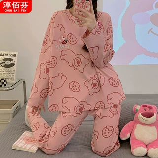 2024年新款睡衣女长袖春秋天薄款两件套装女款草莓家居服可外穿
