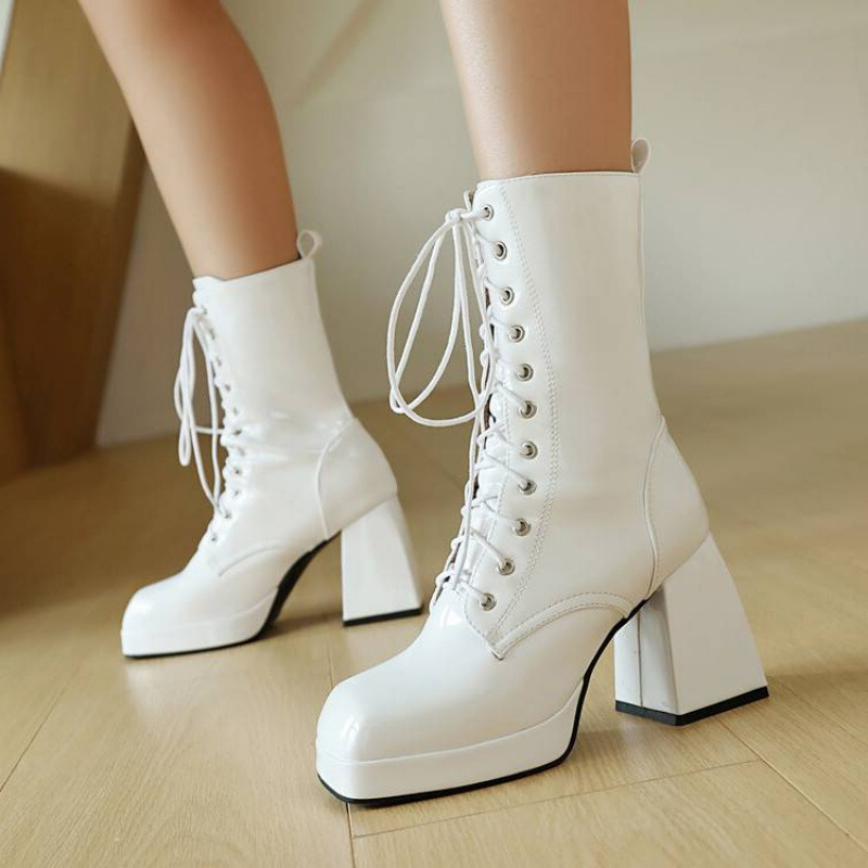 34-48 Size Square Heel Lace-Up Black Short Boots European and American Style Round Toe Shiny Leather Low-Cut Boots Women's Patent Leather High Heel Large Size Women's Boots