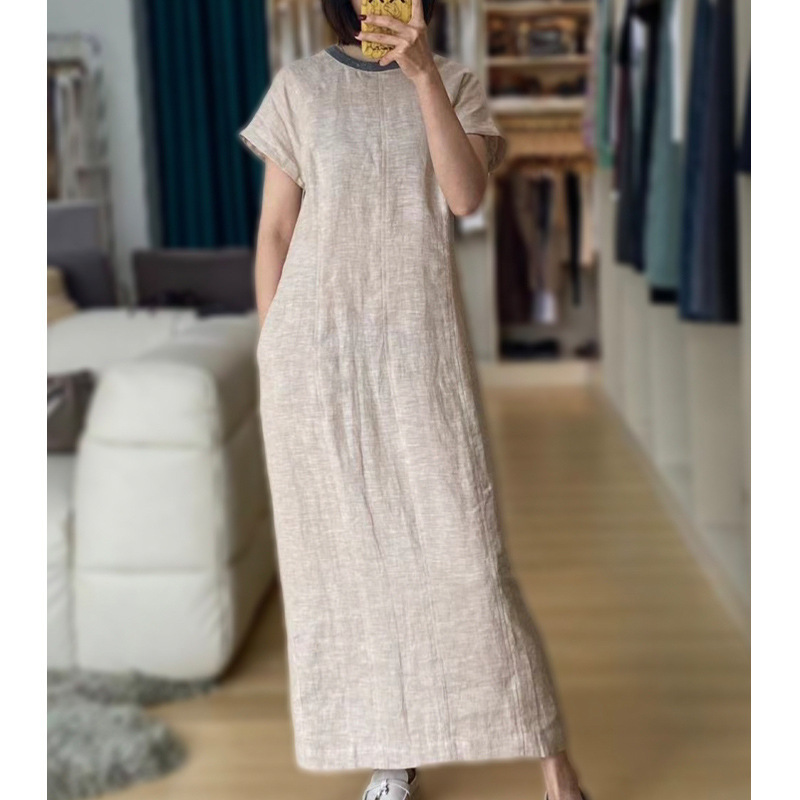 2025 新しい夏のラウンドネック半袖スリットドレス女性のハイエンドの軽い豪華な気質痩身ヒップロングスカート|undefined