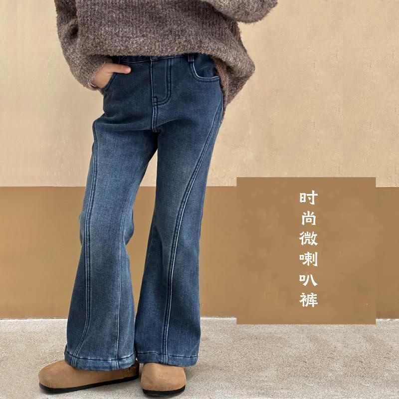 (2개) 소녀 플라 드 청바지 공주 스타일 마이크로 플라 바지 어린 소녀의 두꺼운 원피스 벨벳 바지 2024 겨울 스타일