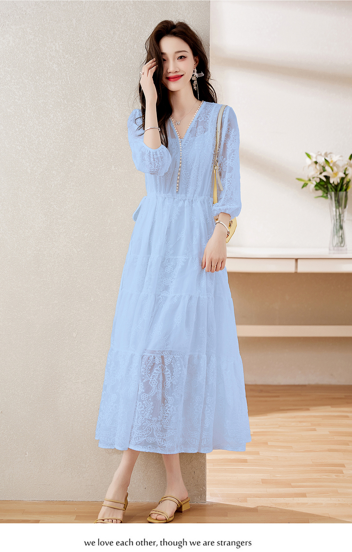 Đầm maxi nữ cổ V thắt eo dáng dài thanh lịch NY1608 — xanh lam, màu tím, màu vàng chi tiết 9