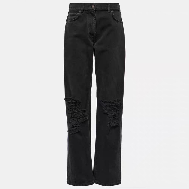HOUSE25 春夏 ダメージ加工 リップド リーフル 色あせウォッシュ ストレート ジーンズ レディース|undefined