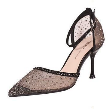 Месс_POINTed-Toe высокие сандалии на шиповидном носке, женщины, элегантные обувь на щиколотке на каблуке 5/7 см, черный/золото