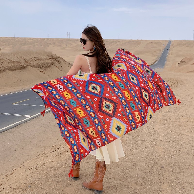 Retro estilo étnico rojo bohemio geométrico impresión viajes protector solar chal de algodón y lino sensación exterior bufanda para las mujeres