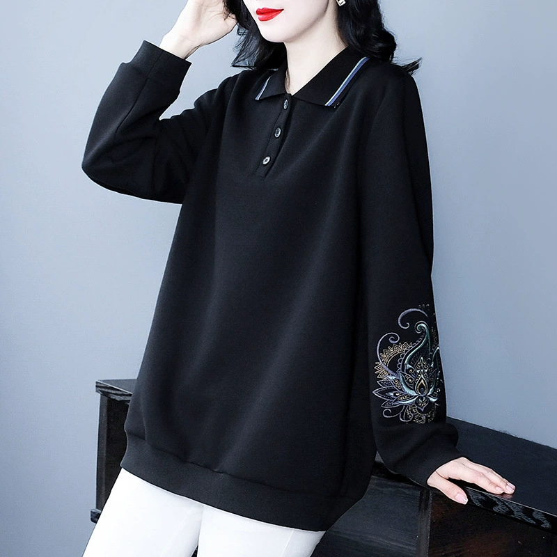 Осенний и зимний ретро вышивка плюс размер POLO лацканы повседневный большой размер с длинными рукавами толстый MM тощий свитерон мама средних лет женская одежда