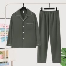 男款云朵棉长袖睡衣秋季薄款开衫翻领纯色大码20斤男士家居服套装