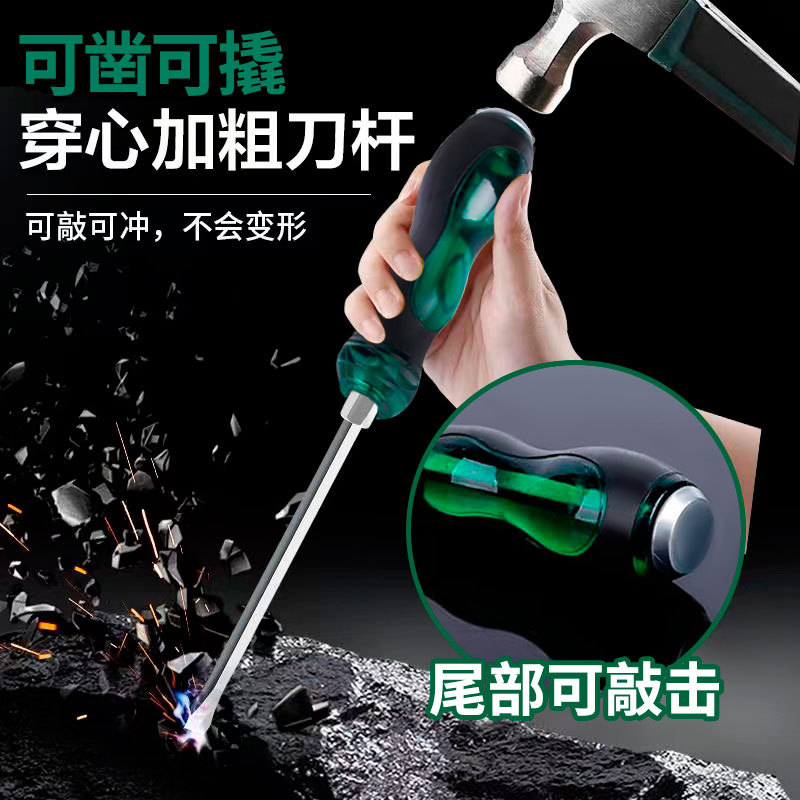 Destornillador cruzado genuino con vástago pasante, de alta dureza, de grado industrial, de cabeza plana, apto para golpear, fabricado con acero aleado S2.