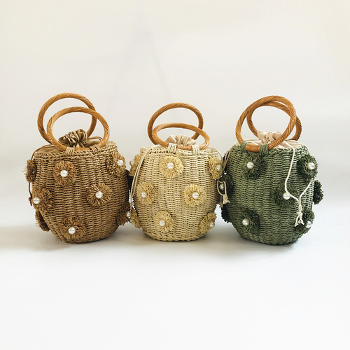 Z New Women's Bag A Flower Artificial Pearl Decoration R Portable Basket Bag Woven Bag Straw Bag Source Manufacturer