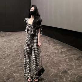 黑白格子套装裤女2026夏季新款韩系时尚阔腿连身裤棋盘格分体套装
