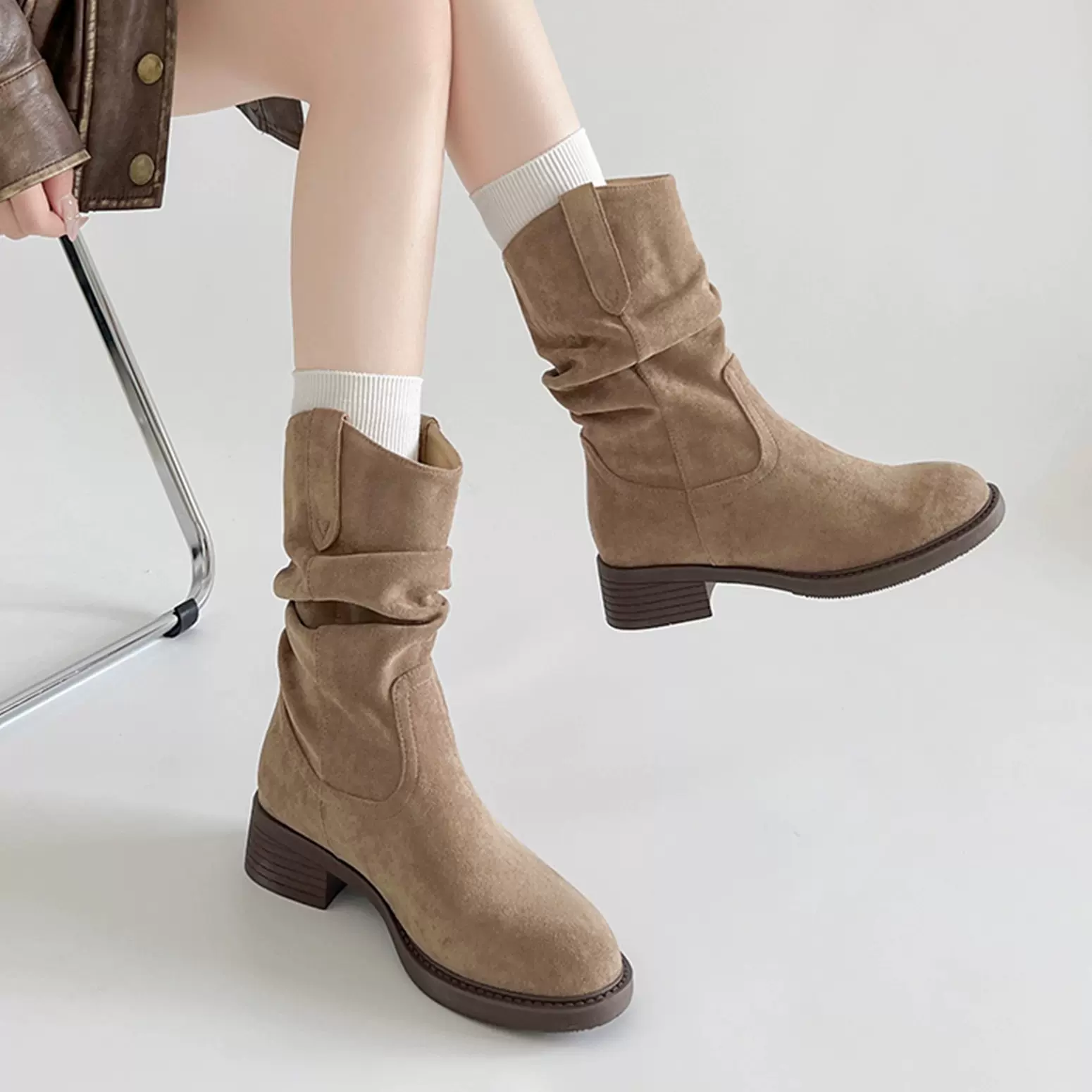 废土风美拉德中筒靴子2025新款春秋西部牛仔堆堆靴勃肯短靴马丁靴