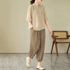 夏の新型のゆったりした大きいサイズの婦人服の洋風ファッションの中で袖の上着の綿の9分のズボンのお母さんのスーツの2つのセット