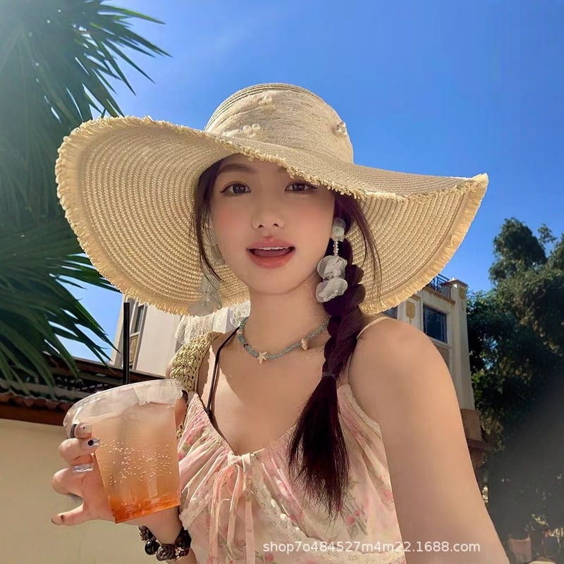 蕾丝蝴蝶结大帽檐沙滩草帽女2025年春新款海边遮阳防晒太阳帽子潮|undefined