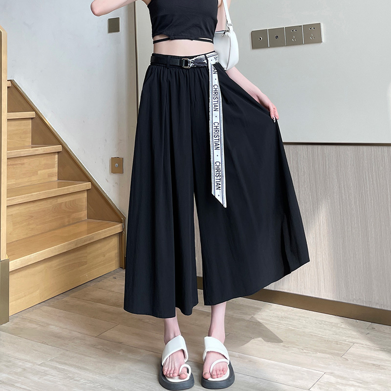Thin Wide-leg Pants Ice Silk Mid-length Pants for Women Summer New High-waisted Three-quarter Pants for Small People Loose Half-length Pants Skirt