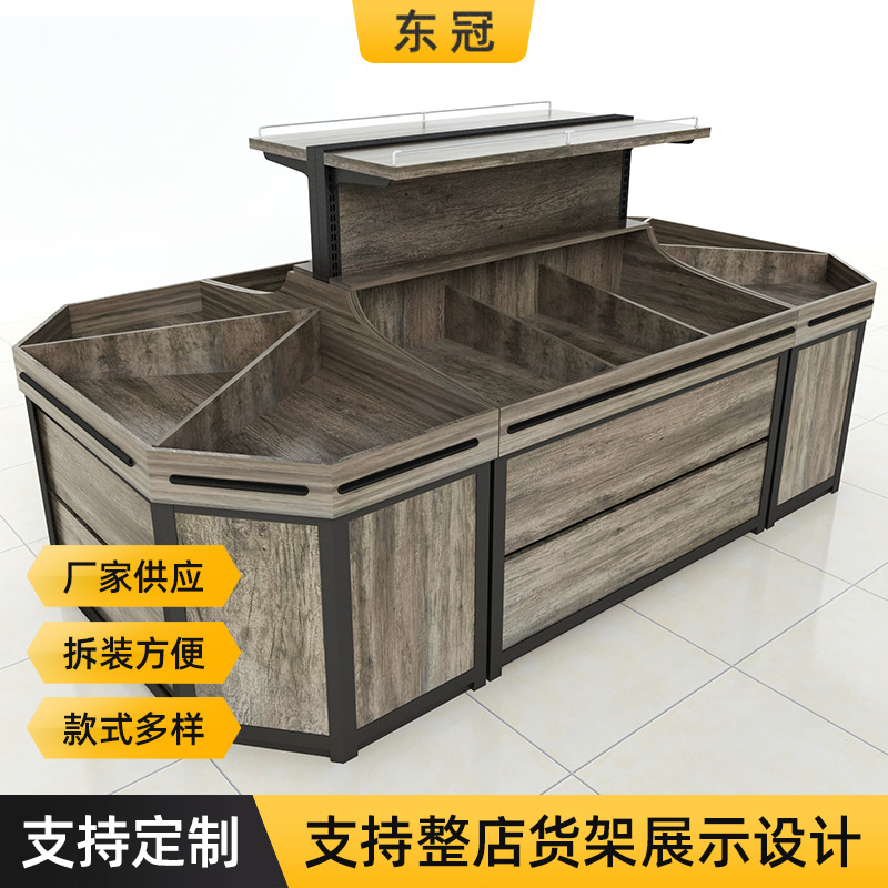 超市钢木质蔬菜水果展示货架便利店生鲜果蔬架子中岛堆头柜