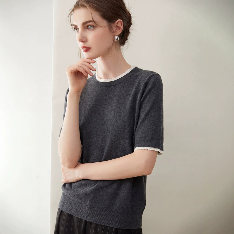 16-Gauge Fine-Spun 85% Mulberry Silk and 15% Cashmere Blend Knit Top with French Lace Trim, Round Neck, Short-Sleeve T-Shirt for Women 16-Gauge Fine-Spun 85% Mulberry Silk and 15% Cashmere Blend Knit Top with French Lace Trim, Round Neck, Short-Sleeve T-Shirt for Women