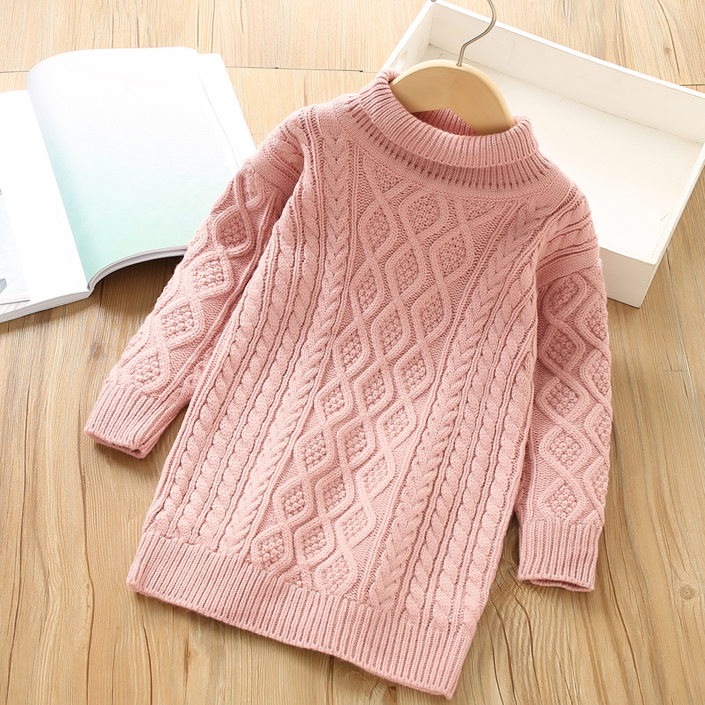 Girls' Sweater 2022 Autumn/Winter New Western Korean Edition Simple Half Neck Knitted Pullover Mid length Bottom Woolen_voghion.com