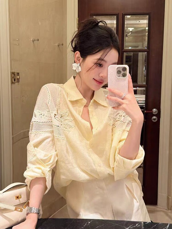 南油高端女装法式立体镂空刺绣 显白淡黄色春夏透气亚麻宽松衬衫|undefined
