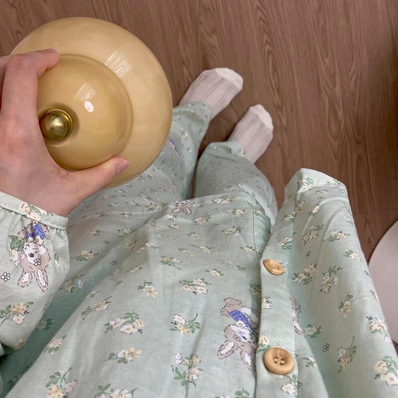 花边娃娃领带胸垫云朵棉睡衣女长袖春秋褶皱肌理感蕾丝家居服套装|undefined