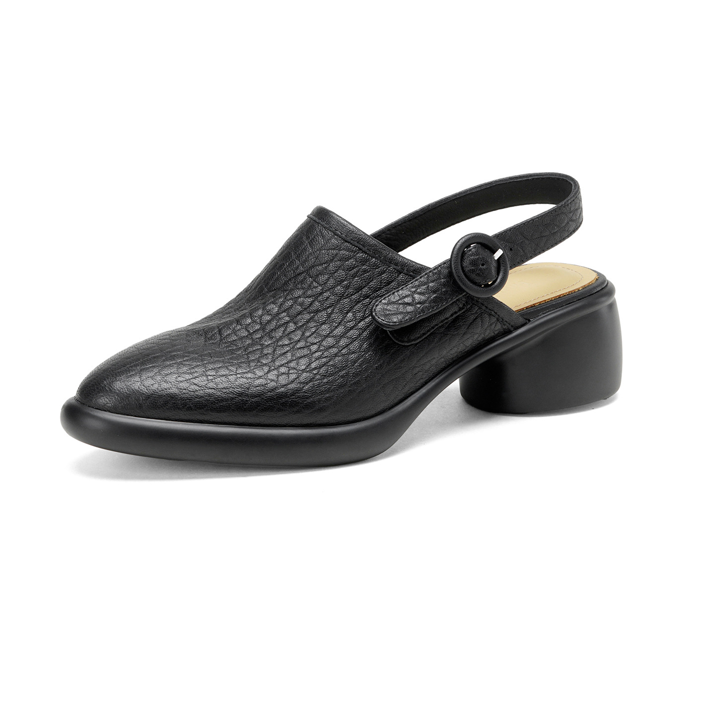 Sandal nữ da dê mũi tròn gót vuông cao 7 cm quai ngang khóa một chữ — đen chi tiết 16