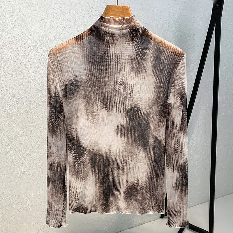 Medio cuello alto de las mujeres que basa la camisa 2023 nuevo estilo retro impreso malla camiseta delgada interior de madera superior del oído