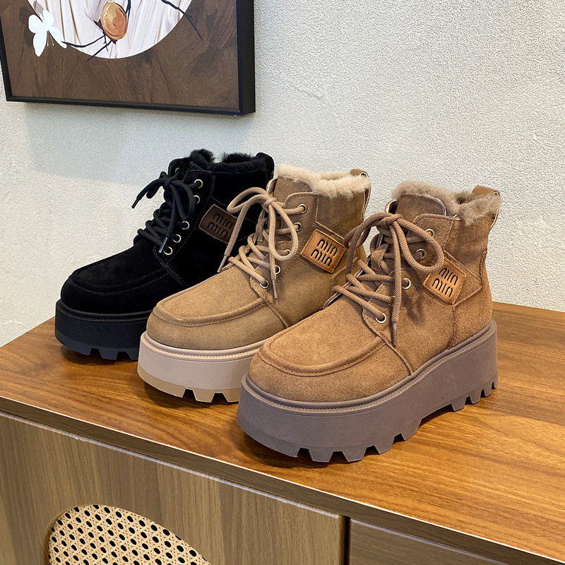 겨울 따뜻한 코튼 신발 레이스 업 캐주얼 정품 가죽 마틴 여성 두꺼운 밑창 스노우 부츠 두꺼운 기모 코튼 부츠