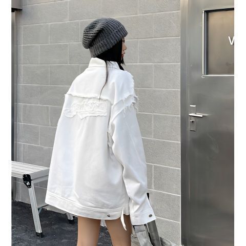 Couple's White Spring and Autumn New Washed Denim Jacket, Thin Style, Versatile for Men, Frayed Edges, Loose Fit for Women