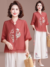 中年妈妈夏装棉麻套装洋气新款中老年女装夏季新中式国风短袖上衣
