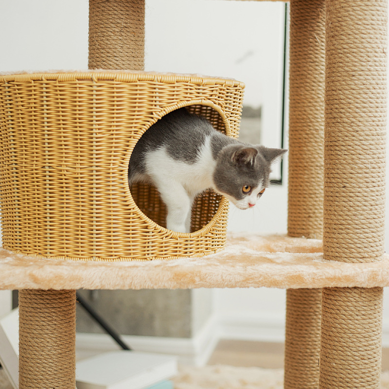 Cama para Gatos Tejida a Mano para Todas las Estaciones, Rascador para Gatos, Villa para Gatos de Ratán, Juguete para Gatos, Poste de Cuerda de Cáñamo, Estructura para Trepar para Gatos