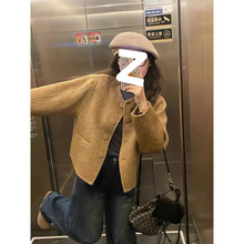 美拉德复古小香风短款毛呢外套女秋冬新款小个子宽松百搭呢子上衣