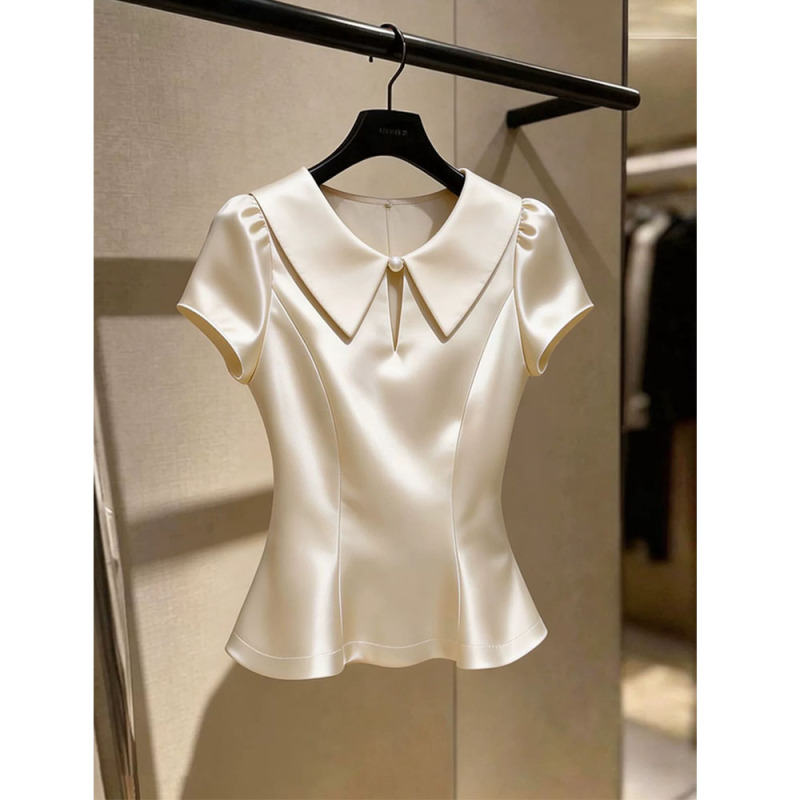French-Style Exquisite Blouse for Women, High-End, Luxurious, Age-Reducing, Stylish, Unique, Beautiful, Waist-Cinching, Champagne-Colored Satin Shirt