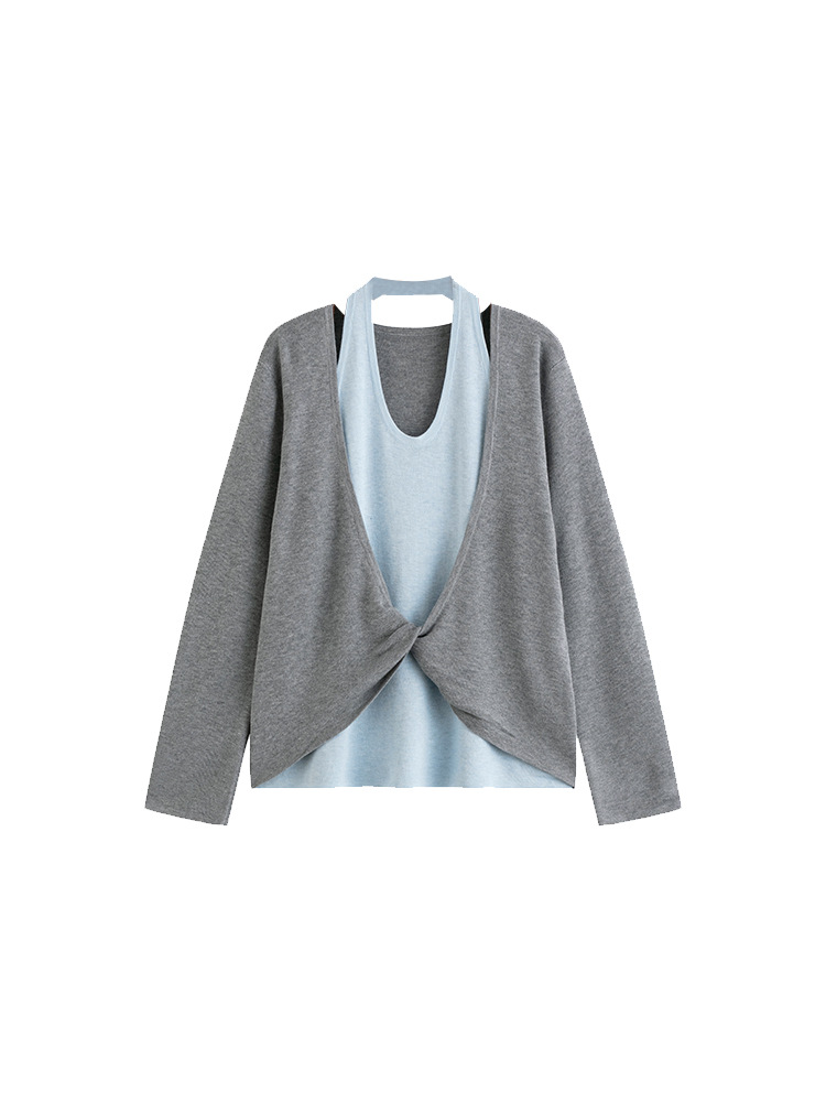 Plus-size women's wear with a stylish and design-sense faux two-piece top for 2025 autumn, a laid-back off-the-neck knitted sweater for chubby girls 23210