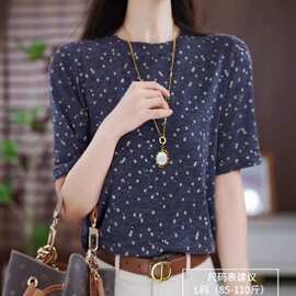 一件代发【洒银亮片】复古印花圆领短袖t恤女夏季时尚百搭减龄显