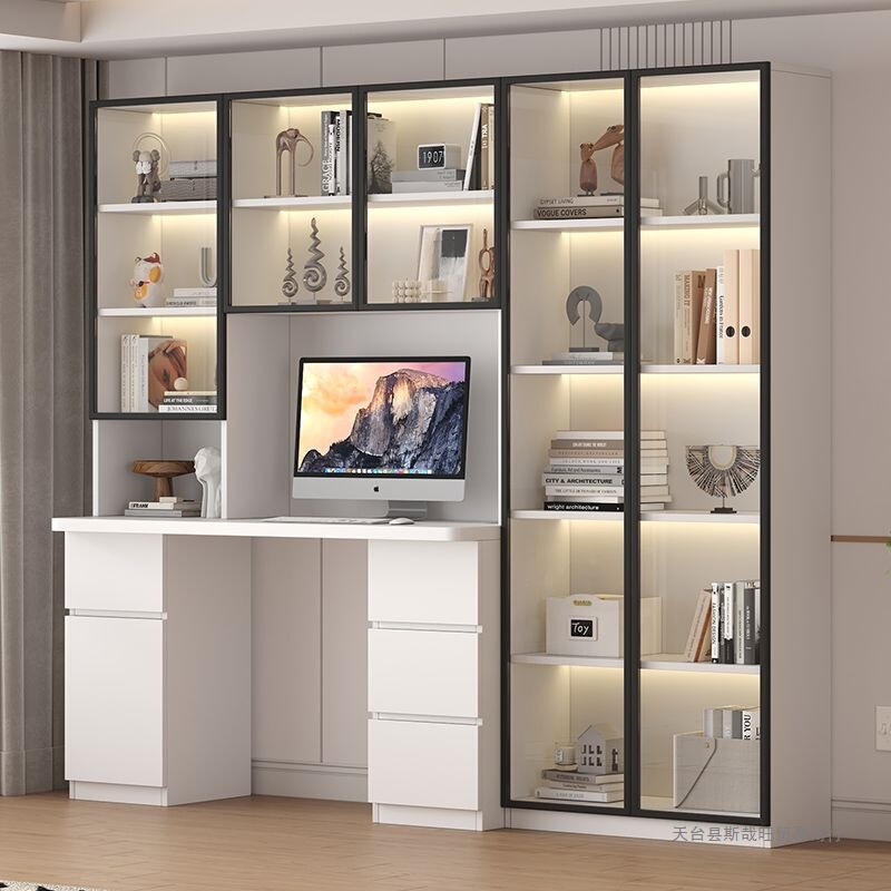 Solid Wood Desk Bookshelf Combination Computer Desk Bookcase Integrated Wall Glass Door Accessible Luxury Ins Style Study Desk