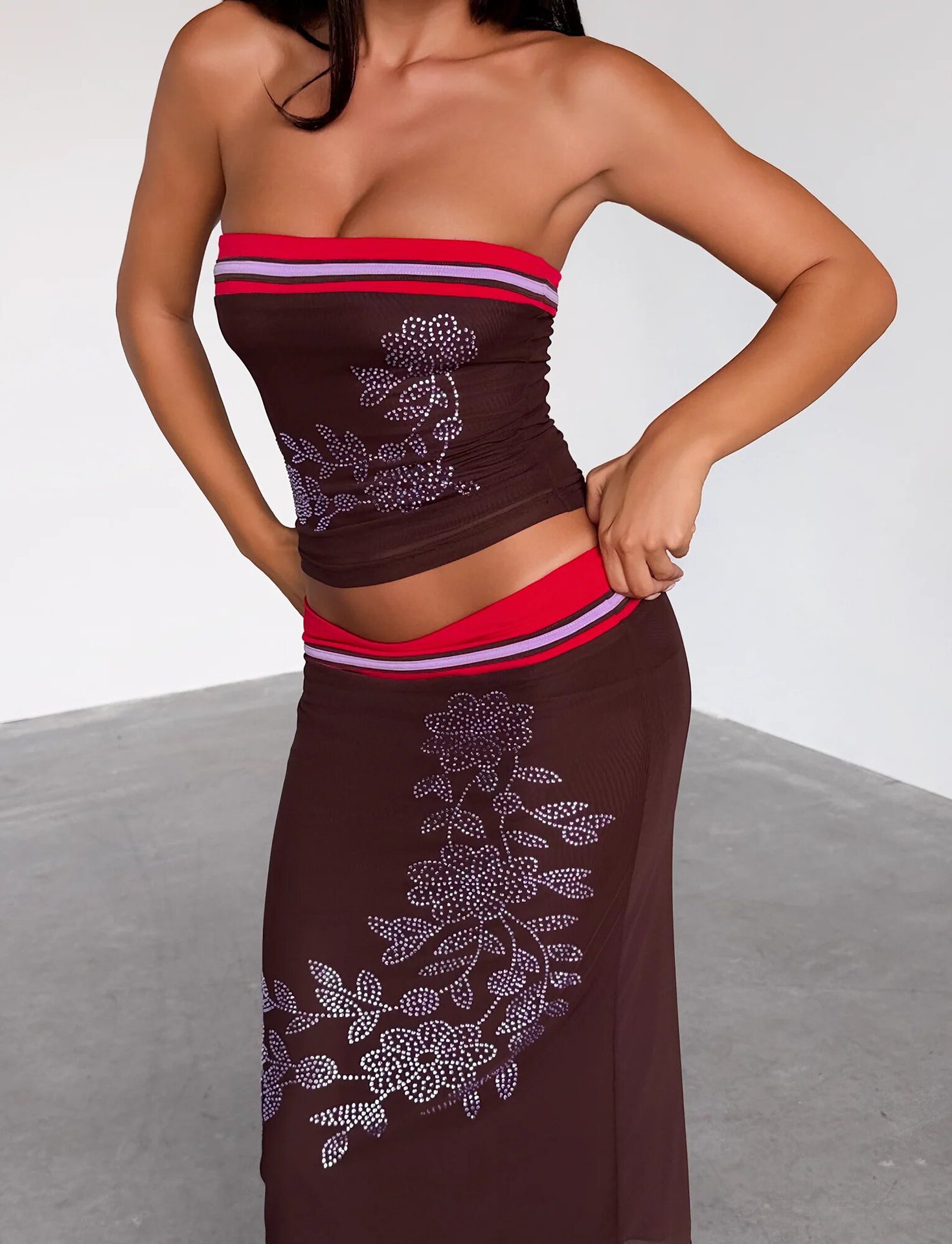 Strapless Crop Top And Color-Block Skirt Set Rhinestone Mesh Bodycon Dress For Trendy Hot Girls Women's Clothing Set_ecoleips.com