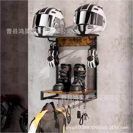铁木结合摩托车头盔收纳架壁挂式带挂钩摩托车配件木制头盔存储架