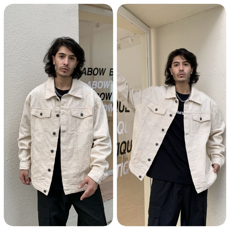 American Trendy Brand Printed New Retro Beige Denim Jacket for Men and Women Niche Design Jacket Loose Top Fashion