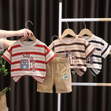 男寶寶印花字母兩件套童裝2022夏季新款男童帥氣條紋圓領短袖套裝