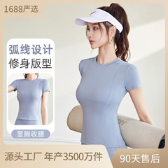 夏薄いスポーツタイトなヨガウェア半袖女性ランニングフィットネストップス tシャツ