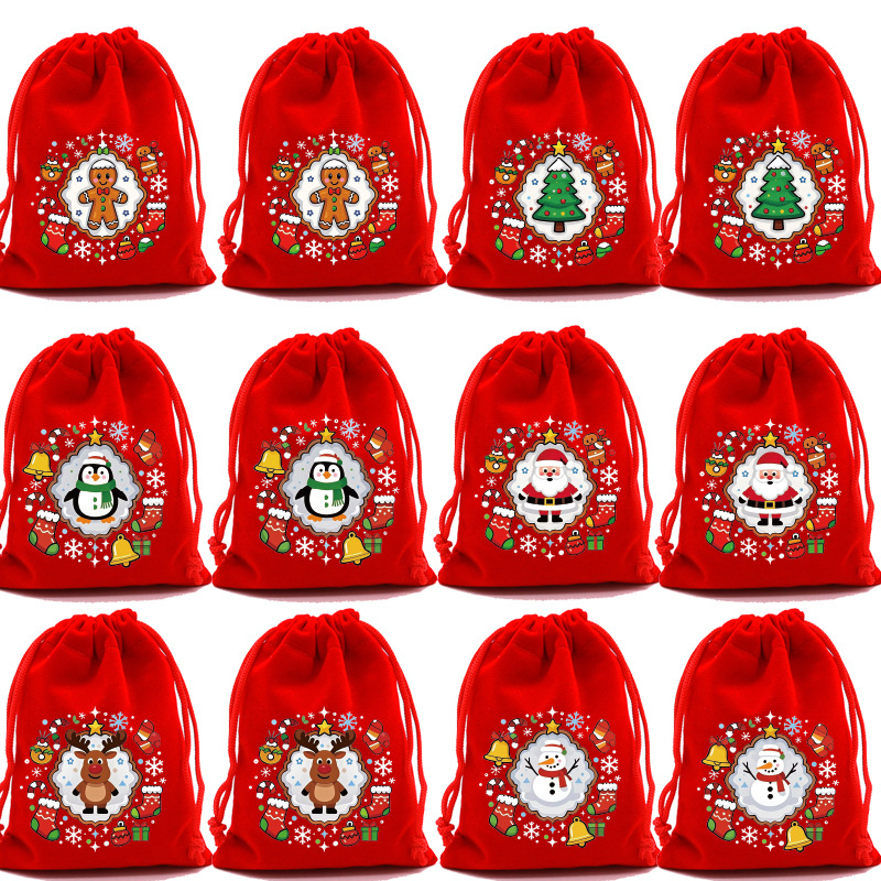 DIY圣诞节降临日历礼品袋糖果饼干礼物袋跨境6个套装抽绳袋红色袋