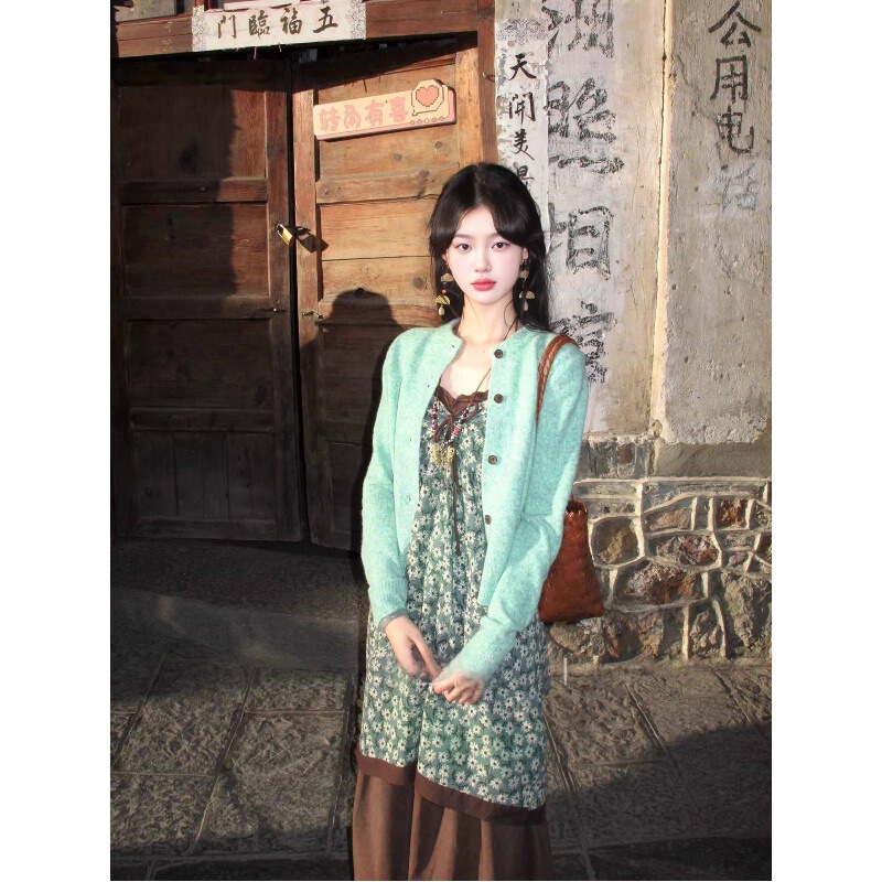 Dress Set for Women 2026 Spring and Summer Mint Green Knitted Cardigan Floral Suspender Skirt Coffee Color Half Skirt Three-Piece Set Dress Set for Women 2026 Spring and Summer Mint Green Knitted Cardigan Floral Suspender Skirt Coffee Color Half Skirt Three-Piece Set