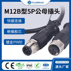 航空插头公母头M12连接器防水连接线传感器B型m12航空接线5芯5针