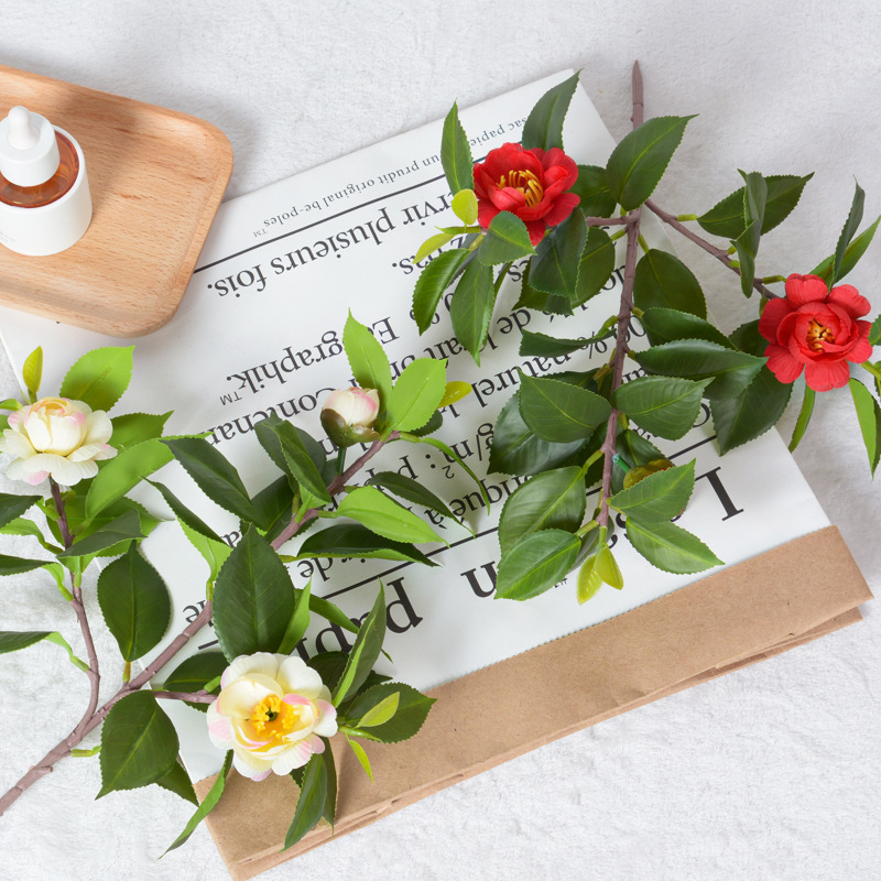高山茶花枝仿真花高品質假花裝飾花紅色家居擺件餐廳客廳簡約婚慶